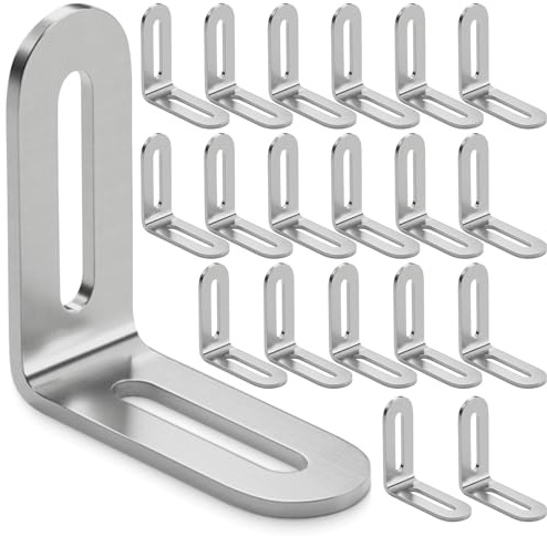 20 Pezzi Staffe Angolari Acciaio Inox,Staffe a L Fissaggio Angolare in Metallo, Supporti Angolo 90 Gradi con Regolabile Scanalature Lunghe,Connettori Angolo Squadrette Angolari per Mobili