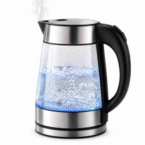 URBNTECH 1.7L Glass Electric Kettle, 2200W Fast Boil with Blue LED Illumination & Stainless Steel Trim, Cordless Water Boiler for Home & Office