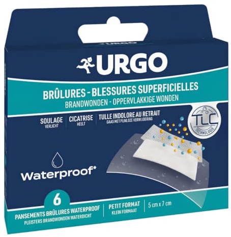 Urgo Pansements Brûlures - Blessures superficielles waterproof - Soulage et cicatrise- retrait sans douleur -Support breveté et imperméable à l'eau - Petit format 5x7 cm, x6