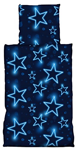 one-home 4 teilig Bettwäsche 135x200 cm Sterne blau leuchtoptik 2 Garnituren