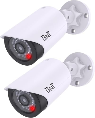 BNT Cámara de Seguridad Falsa, con una luz LED roja por la Noche, para Seguridad del hogar y Negocios, Interior/Exterior (Paquete de 2, Blanco)