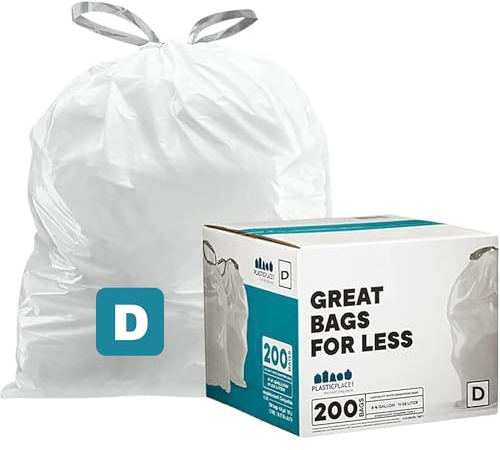 Plasticplace Sacchetti della Spazzatura su Misura │ Compatibile con codice D simplehuman (conteggio 200) │ Sacchetti per immondizia con Coulisse Bianchi 5,2 galloni / 20 Litri │ 15,75 x 28