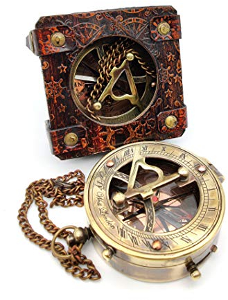 5MOONSUN5's latón antiguo reloj de sol brújula marino regalo barco bolsillo Sun Dial en cuero caja de exhibición náutico regalo marino reloj sol pirata barco réplica reloj Steampunk accesorio