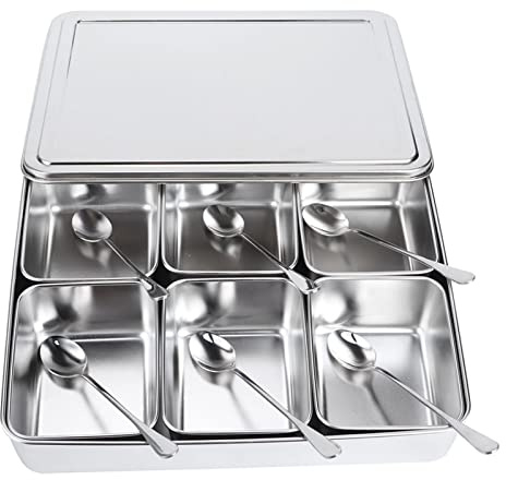 Haofy Caja de condimentos de acero inoxidable, contenedor de almacenamiento de condimentos con 6 rejillas, juego de contenedores de tarro de especias con cucharas, utensilios de cocina