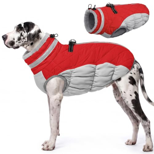 AOFITEE Extra Großer Hundemantel, Warme Wasserdichter & Winddichter Hundejacke mit Bauchschutz, Rollkragen Reflektierende Hund Wintermäntel, Outdoor Fleece Hundebekleidung für Windhund, 3XL Rot
