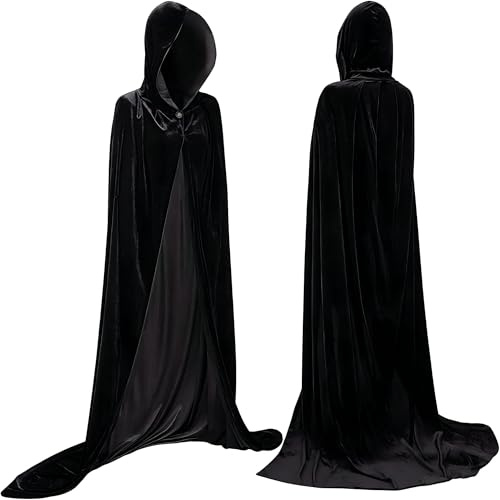 YIHELU Halloween Hooded Black Cape, Long Velvet Cape Unisex Black Cloak For Adults Female Halloween Costumes for Halloween Carnival Witch Vampire Masquerade Cosplay Party (XL)