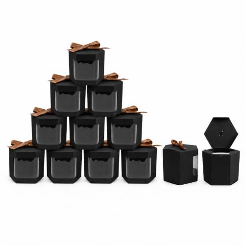 Emartbuy Starke Papier Stand Up Hexagon Geschenktüte, 10 cm x 10 cm x 12 cm, Schwarz Kraftbeutel Cupcakes Kekse Muffin Pie Box mit klarem Fenster und Band - 12 Stück