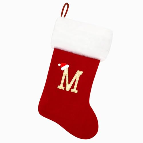Tokforty 20 Inches Red Velvet with White Super Soft Plush Cuff Monogram Christmas Stockings, Xmas Personalized Embroidered Letter Stockings for Family Holiday Decorations and Xmas Tree Fireplace(M)