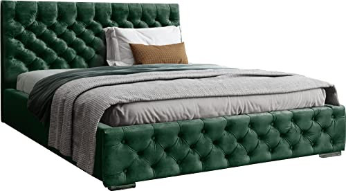 Samtstoff Polsterbett Doppelbett 140x200 160x200 180x200 cm Grün Bettgestell Mit Bettkasten Lattenrost und Gestepptes Kopfteil - Hydrophobe Stoff - Chesterfield-Stil - Dunkelgrün - 180 x 200 cm