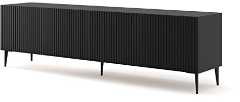 BIM Furniture Lowboard TV 200 cm – Sideboard mit Gefrästen MDF-Fronten, Push-to-Open, Schwarze Metallfüße – Fernsehschrank HiFi Schrank fürs Wohnzimmer Schwarz Matt