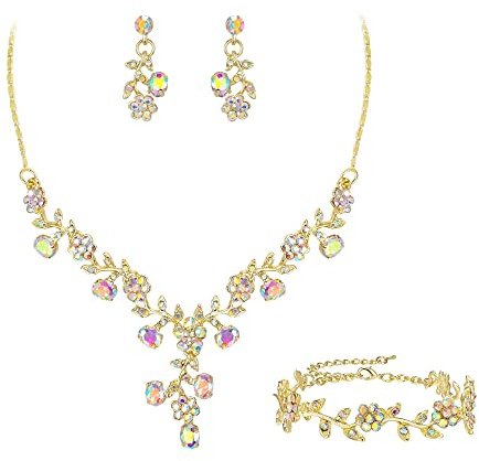 EVER FAITH Gioielli da Sposa per la Sposa, Strass Cristallo Cluster Fiore Matrimonio Dichiarazione Collana Dangle Orecchini Bracciali Set Iridescente Trasparente AB Oro Fondo