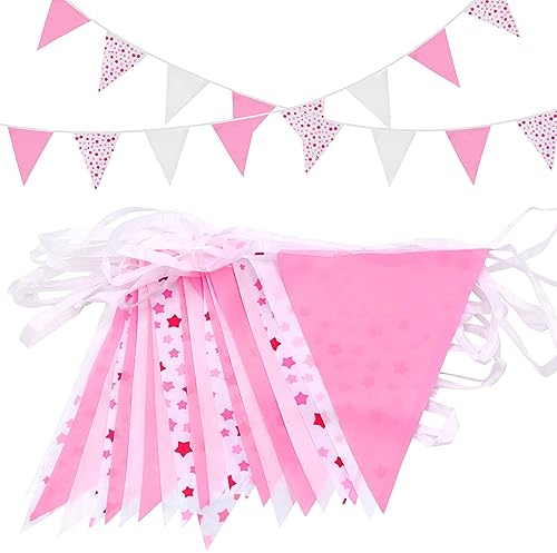 Topeedy Pink White Bunting Banner With Stars, 65.6 Feet 52pcs Triangle Flags for Indoor Outdoor Birthday Wedding Engagement Pink Party Decoration for Girls