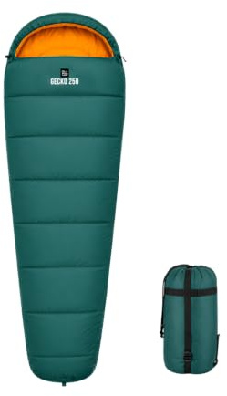 OLPRO Gecko 250 Mummy Sleeping Bag (2-3 Season) – Lightweight, Water-Resistant, with Compression Sack. Ideal for Camping, Hiking, and Backpacking. Single Adult Size.
