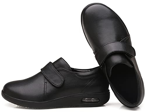 AEHO Scarpe Diabetici Uomo Scarpe Funzionali Ortopediche Portatili in Pelle Nera per Il Tempo Libero Pollice Regolabile Valgo Larghezza Ampia Comfort per Sport Anziani Escursionismo,Nero,42 EU