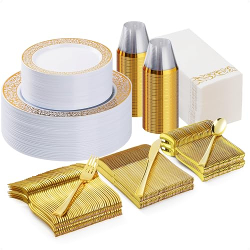 Bestluck 350PCS Gold Plastic Dinnerware Set for 50 Guests, Disposable Plates for Party, Wedding and Dinner, Include 50 Dinner Plates, 50 Dessert Plates, 50 Set Silverware, 50 Cups, 50 Napkins