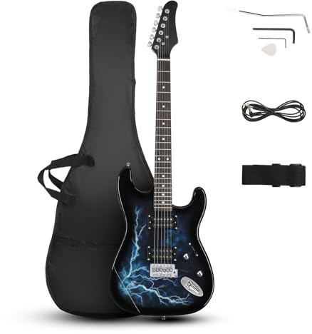 LALAHO Full Size Electric Guitar, 39 H-H Pickups Beginner Electric Guitars Kit with Shoulder Strap, Bag, Cable and Tremolo Arm (Lightning Blue)