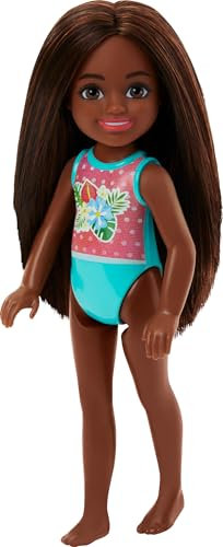 Barbie Chelsea - Small Doll in Swimsuit with Stripes and Floral Print, Brown Hair and Brown Eyes