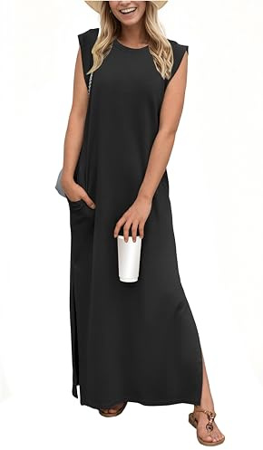 GRECERELLE Women's Summer Crew Neck Loose Split Casual Long Maxi Beach Dress with Pockets (Small, Black)
