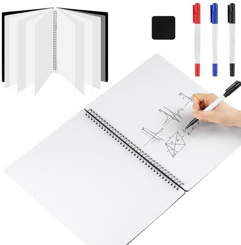 A4 Whiteboard, tragbar, groß, trocken abwischbar, 10 Blatt, wiederverwendbar, doppelseitiges Whiteboard, mit Stiften und Whiteboard-Löscher (24 x 31,5 cm)