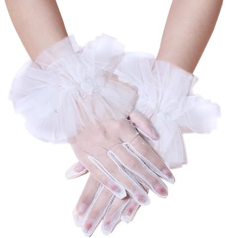 AWOCAN Frauen Rüschen Tüll Mesh Handschuhe Hochzeit Braut Kurze Handschuhe Tee Party Mesh Handschuhe Handgelenklänge Handschuhe Party Tanz Handschuhe für Hochzeit Oper Abend Party (WEISS-1)