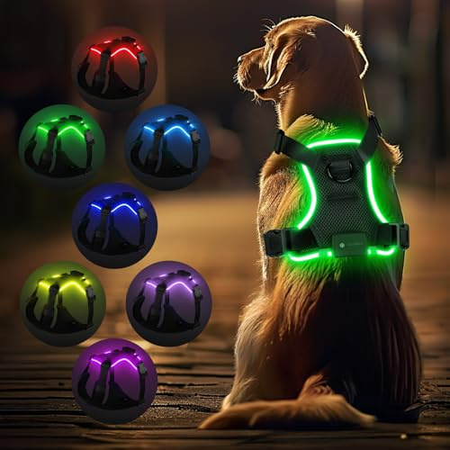 MASBRILL Hundegeschirr Leuchtend, LED Hundegeschirr Aufladbar & Einstellbar für Welpen Kleiner Mittlerer Große Hund, 7-Farben ändern 8-Beleuchtungsmodi Atmungsaktiv Leucht Geschirr (Schwarz XL)