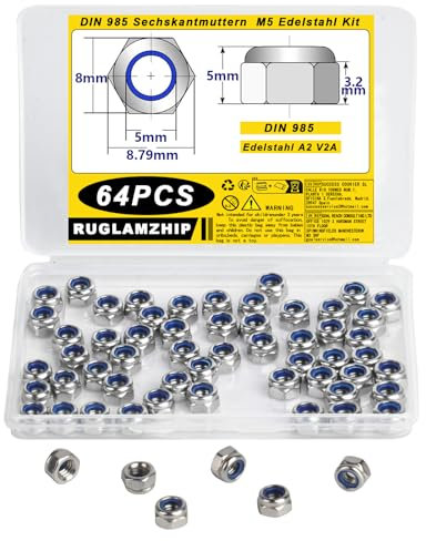 M5 Nylock Nuts - Stainless Steel Hex Lock Nuts, Self-locking, DIN 985 Assortment (64 Pcs)