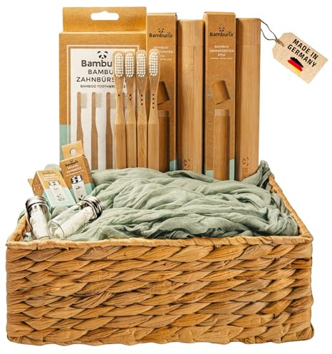Bambuna Bambus Zahnbürsten Set – 4er Set Handzahnbürsten mit 2x Zahnbürsten Etui & 2x Veganer Zahnseide – Umweltfreundlich, Plastikfrei & Nachhaltig – Premium Qualität