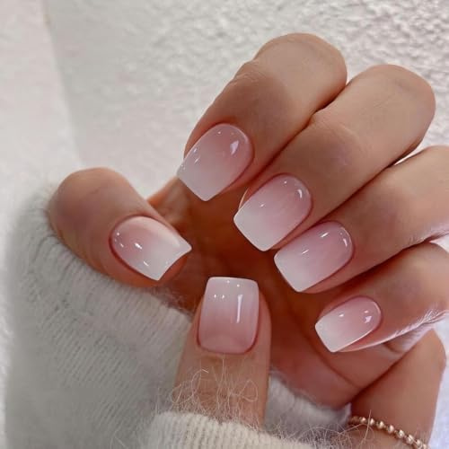 SXVME Ombre Pink Press on Nails Short Square Acrylic French False Nails Short Coffin Natural Gradient Color Acrylic Fake Nails Set Elegant Glossy Gel Stick on Nail for Women Daily Wear 24 Pcs