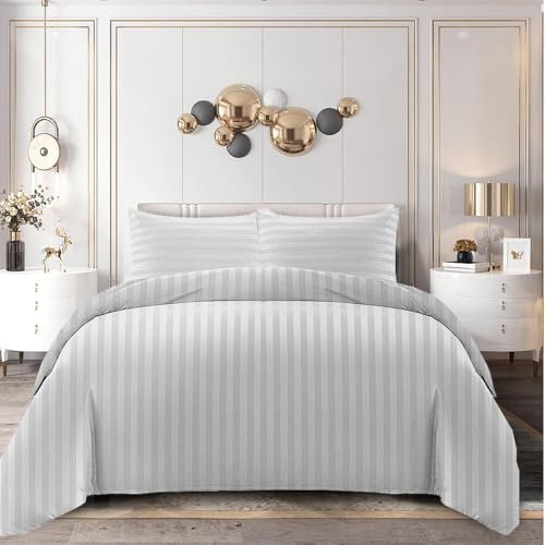 Home In Style 4U Double Duvet Cover Sets White Bedding with Satin Stripes-Reversible Hotel Bedding Duvet Cover Set with Pillowcases, Ultra Soft Breathable Hypoallergenic Quilt Bed Covers