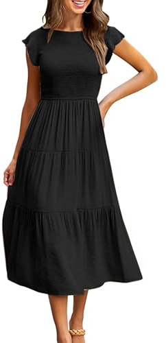 CMTOP Dresses for Women UK Casual Summer Dress Long Crew Neck Ruffle Sleeve Flowy Maxi Dresses Solid Color Elastic Waist Ruched Ladies Dresses Tiered A Line Beach Holiday Sundress(Black, XL)