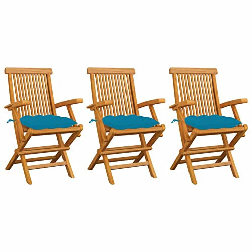 Xichuzi Gartenstühle mit Hellblauen Kissen, Gartenmöbel, Balkonstühle, Hochlehner, Balkonmöbel, Bistrostuhl, Garten Stühle, Sit Möbel, Armlehnenstuhl, 3 STK. Massivholz Teak