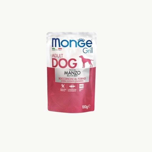 Monge grill Cane, alimento completo per cani adulti, bocconi al forno gusto MANZO 100gr | Promo 10 bustine da 100gr + 2 OMAGGIO.