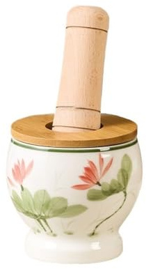 Piccolo mortaio e pestello lucidato, Set macina aglio in ceramica, spremiaglio da cucina, pestello for spezie in ceramica con macina in legno, macina spezie ed erbe aromatiche