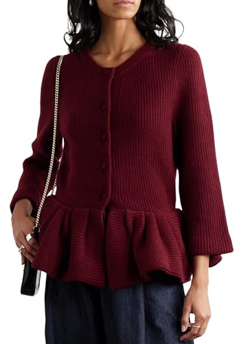 Dqbeng Womens Peplum Cardigan Sweater Elegant Ribbed Button Down Knit Top Flared Hem Knitwear (Burgundy-S)