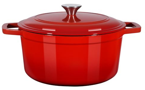 VEVOR Enameled Cast Iron Dutch Oven, 5.7L Pot with Lid and Dual Handles, Heavy-Duty Durable Cookware Pan, Oven Induction Compatible up to 260 ℃, for Braising, Stews, Roasting, Bread Baking, Red