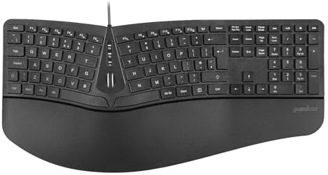 perixx PERIBOARD-305 Clavier ergonomique divisé avec molette de défilement – Repose-poignet réglable – Clavier filaire USB pleine taille avec 12 touches multimédia – Disposition britannique – Noir