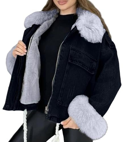 Fleecefodrad jeansjacka kvinnor med fuskpälskrage huvjackor långärmad jeans dragkedja varma rockar med ficka kort trench fleecefodrad jacka streetwear vardaglig denim ytterkläder med fickor, Svart, XL