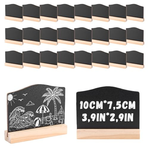 DAJAVE 24 Stück Schiefertafel zum Beschriften 10x7.5CM Kreidetafel Aufsteller, Tafel Aufsteller, Beschriften Doppelseitig Tischaufsteller Holz Ständer,Kleine Tafeln zum Beschriften für Preisschilder