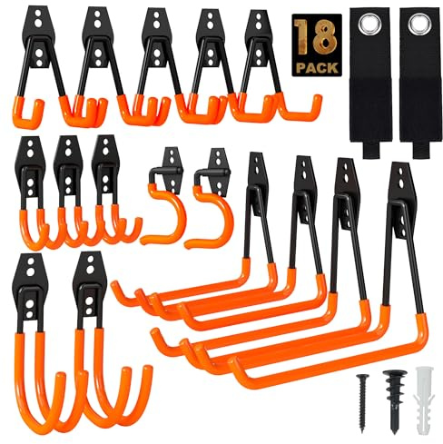 TECHSHARE Garagekrokar, 18-pack kraftiga krokar, 6 storlekar skjulkrokar för trädgårdsverktyg, steghängning, garageförvaring (orange väggkrok)