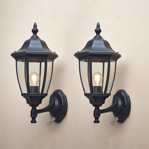 EBION Outdoor Wall Lights with Motion Sensor,E27 Outdoor Wall Lantern 2Pack | IP44 PIR Outside Wall Lights Mains Powered,Exterior Wall Sconce with Clear Shade,for Garden Porch Patio,(Bulb Not Included)