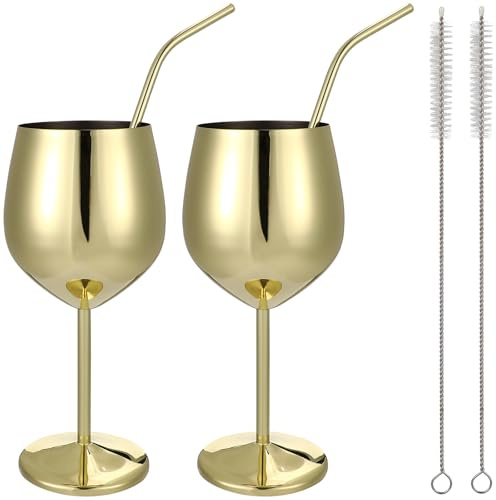Genérico Copas de Vino Acero Inoxidable 500 Ml 2 Unidades Color Dorado con 2 Pajillas Curvas Plateadas 21,5 Cm y 2 Cepillos para Limpieza, Set 6 Piezas para Fiesta y Eventos