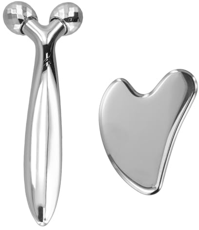 Edelstahl Gua Sha und Facial Roller ABS, 2 in 1 Massage-Kit für Gesichts- und Körperpflege, 3D-Gesichtsmassagegerät, 3D Gesichtsroller für Anti-Falten und Muskelentspannung