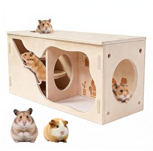 Hamsterhaus aus Holz, Hamster Haus mit Tunnel und 2 Kammern Kleintiere Haustiere Tunnel Erkundungsspielzeug für Zwerghamster Syrische Hamster Rennmäuse Igel