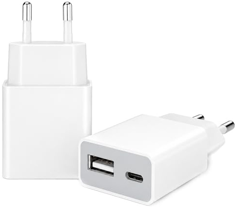 2 Unidades Blanco Cargador USB De Pared 5W, 5V/1A con 2 Puertos (USB-C + USB-A) – Adaptador Universal para Cargar iPhone, Samsung Galaxy, Huawei, Xiaomi, Tablets, Lectores Electrónicos Y Más