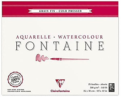 Clairefontaine 96414C Malblock, 4-seitig verleimt Aquarellpapier Feinkörnig, Fontaine/Hadern, 24 x 30 cm, 25 Blatt, 300 g Packung, weiß
