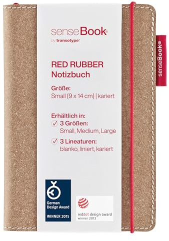 transotype senseBook RED RUBBER Design Notizbuch, small - ca. A6, kariert, weitere Varianten auswählbar, mit rotem Gummiband, edles Rinderleder