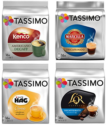 Tassimo Lot de 4 décaféinés pour amateurs de décaféiné – 1 x Kenco Americano Decaf, Cafe HAG Crema, LOR Espresso Decaf, Marcilla Espresso Decaf (tous les 4 variétés décaféinées - 64 portions)