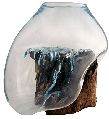Cohasset Molten Glass #650-28 Skulptur aus geschmolzenem Glas und Holz, Terrarium, Feengarten, ca. 27,9 cm breit, Naturholz und recyceltes Glas