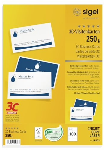 SIGEL LP853 Visitenkarten 3C, 100 Stück (10 Blatt), beidseitig bedruckbar, hochweiß, glatter Schnitt rundum, 250 g, 85x55 mm