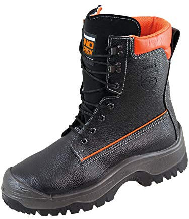 NoRisk EN20345/EN17249 - Stivali di sicurezza forestale in pelle, taglia 45, colore: Nero/Arancione